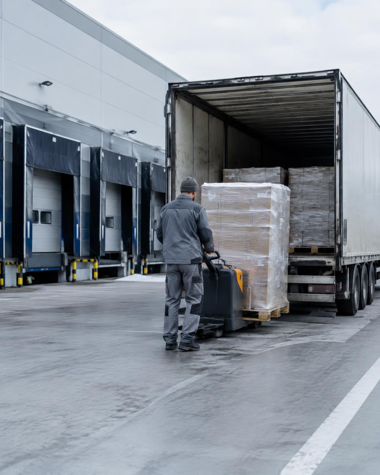 Paller lastes inn i lastebil ved terminal